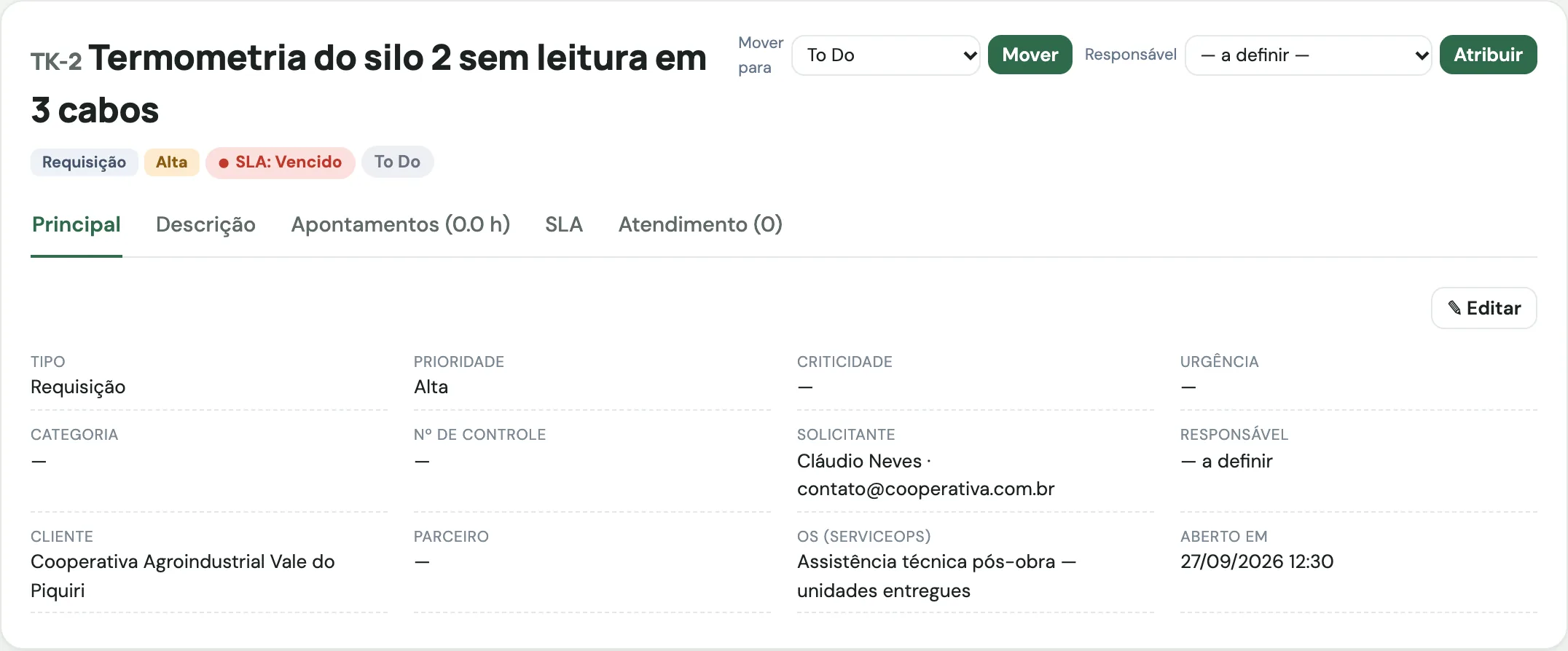 Chamado de assistência aberto com SLA, responsável, OS do contrato e horas apontadas