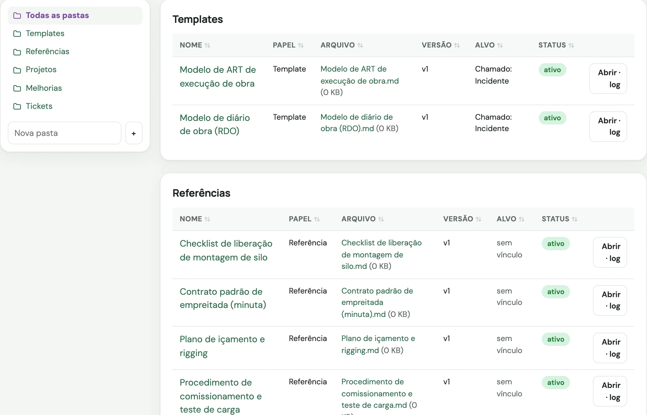 Biblioteca com o modelo de ART, diário de obra, checklist de montagem de silo, plano de içamento, comissionamento e minuta de empreitada