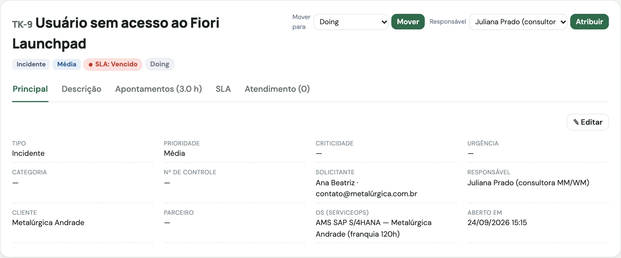 Chamado AMS aberto com SLA, consultor responsável, OS do contrato e horas apontadas