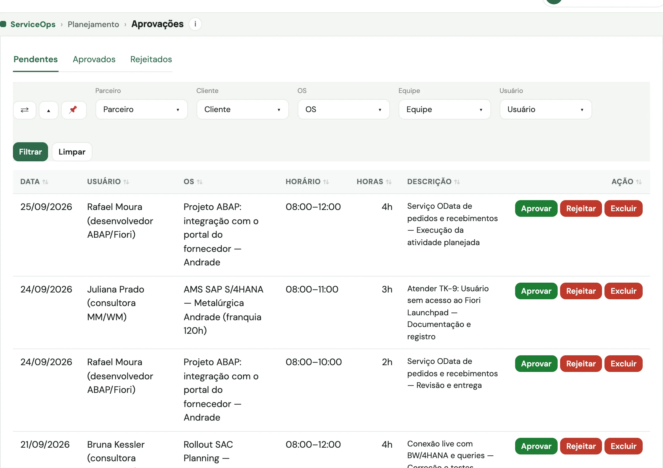 Lista de apontamentos pendentes dos consultores com data, OS, horário, horas e chamado atendido