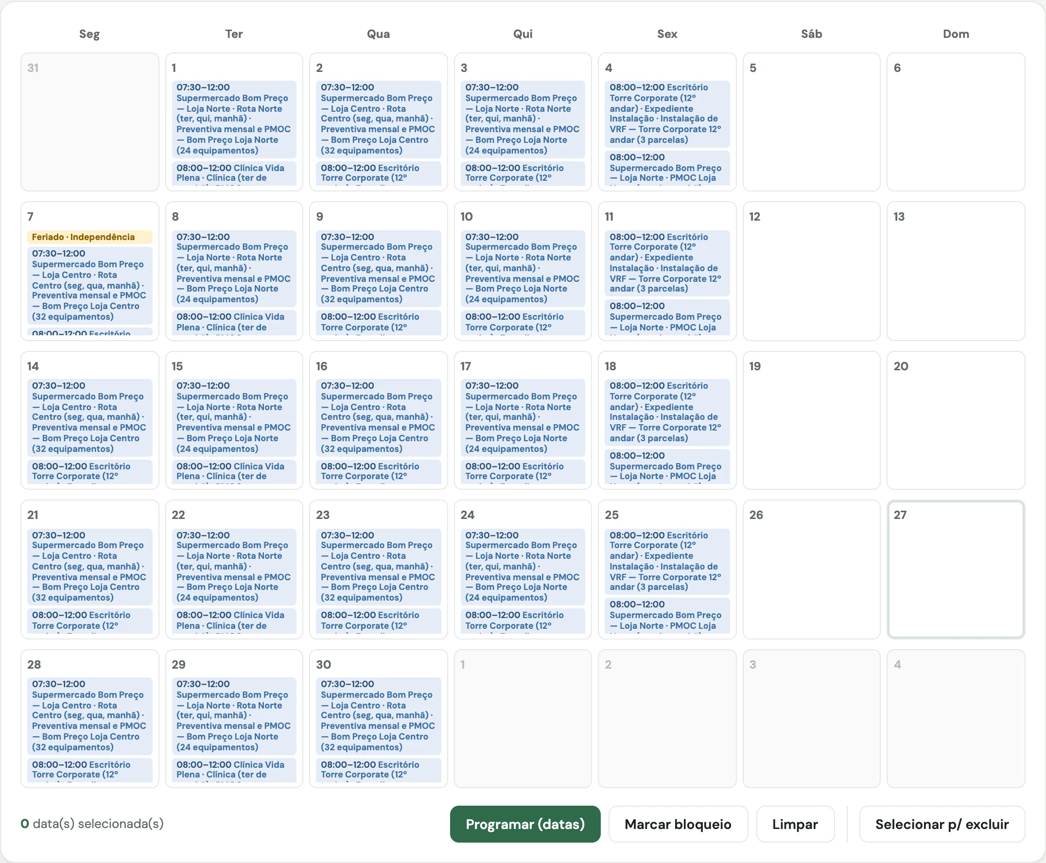 Calendário do mês com as rotas de preventiva por loja, o plantão de corretivas e a obra do VRF