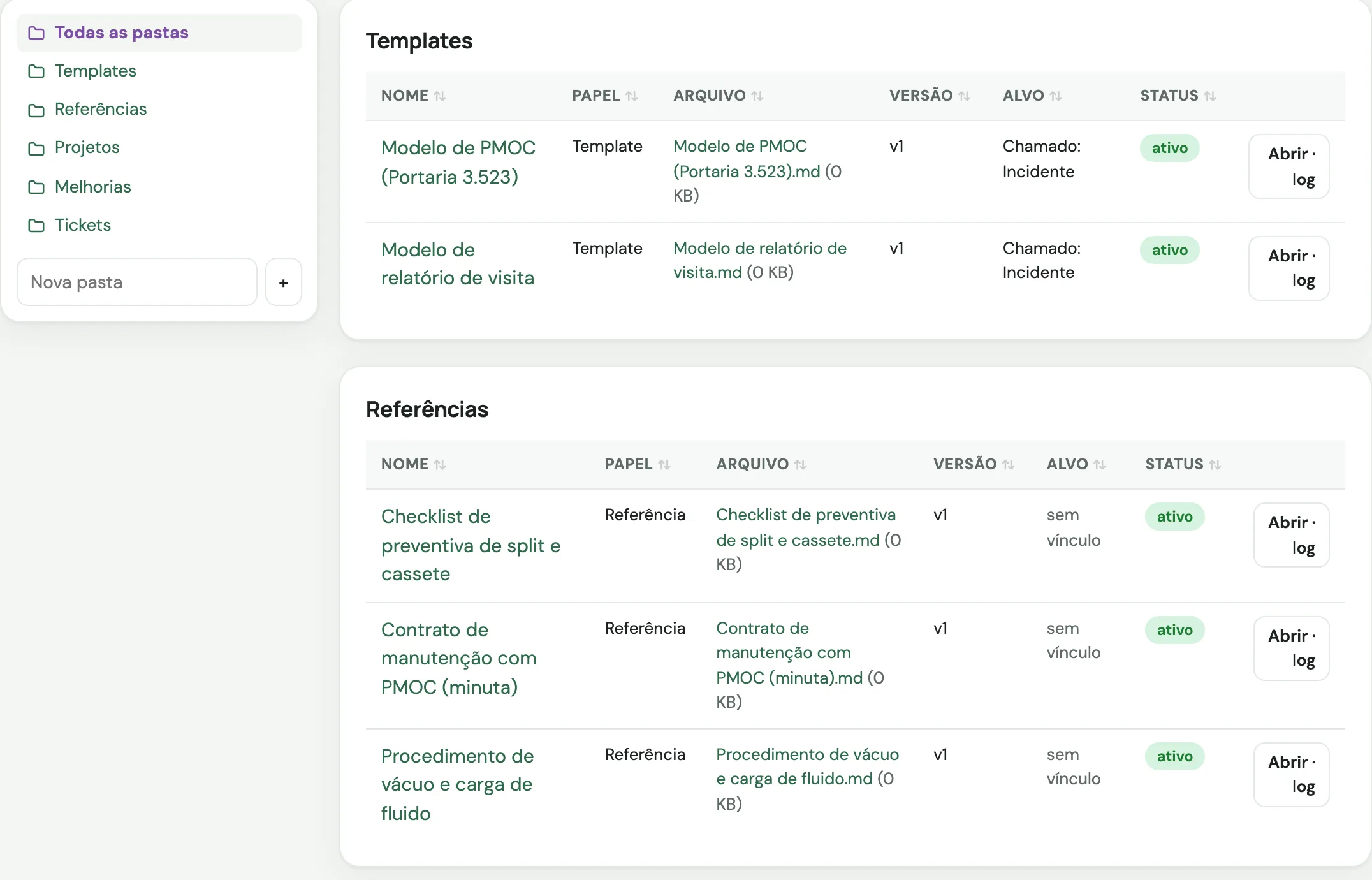 Biblioteca com o modelo de PMOC, checklist de preventiva, procedimento de vácuo e carga, relatório de visita e contrato