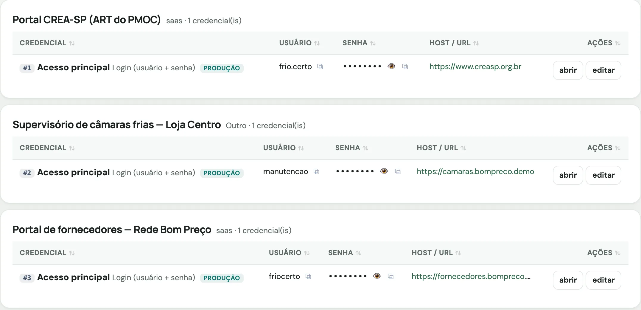 Cofre de credenciais com o portal do CREA, o supervisório das câmaras frias, o portal da rede e o app do fabricante