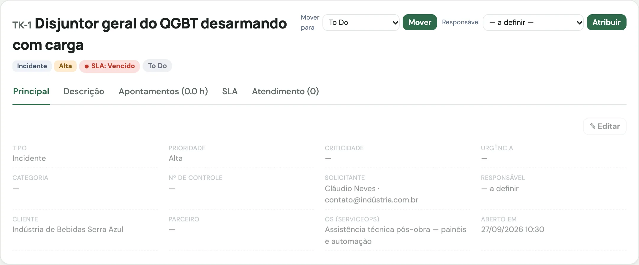 Chamado de assistência aberto com SLA, responsável, OS do contrato e horas apontadas