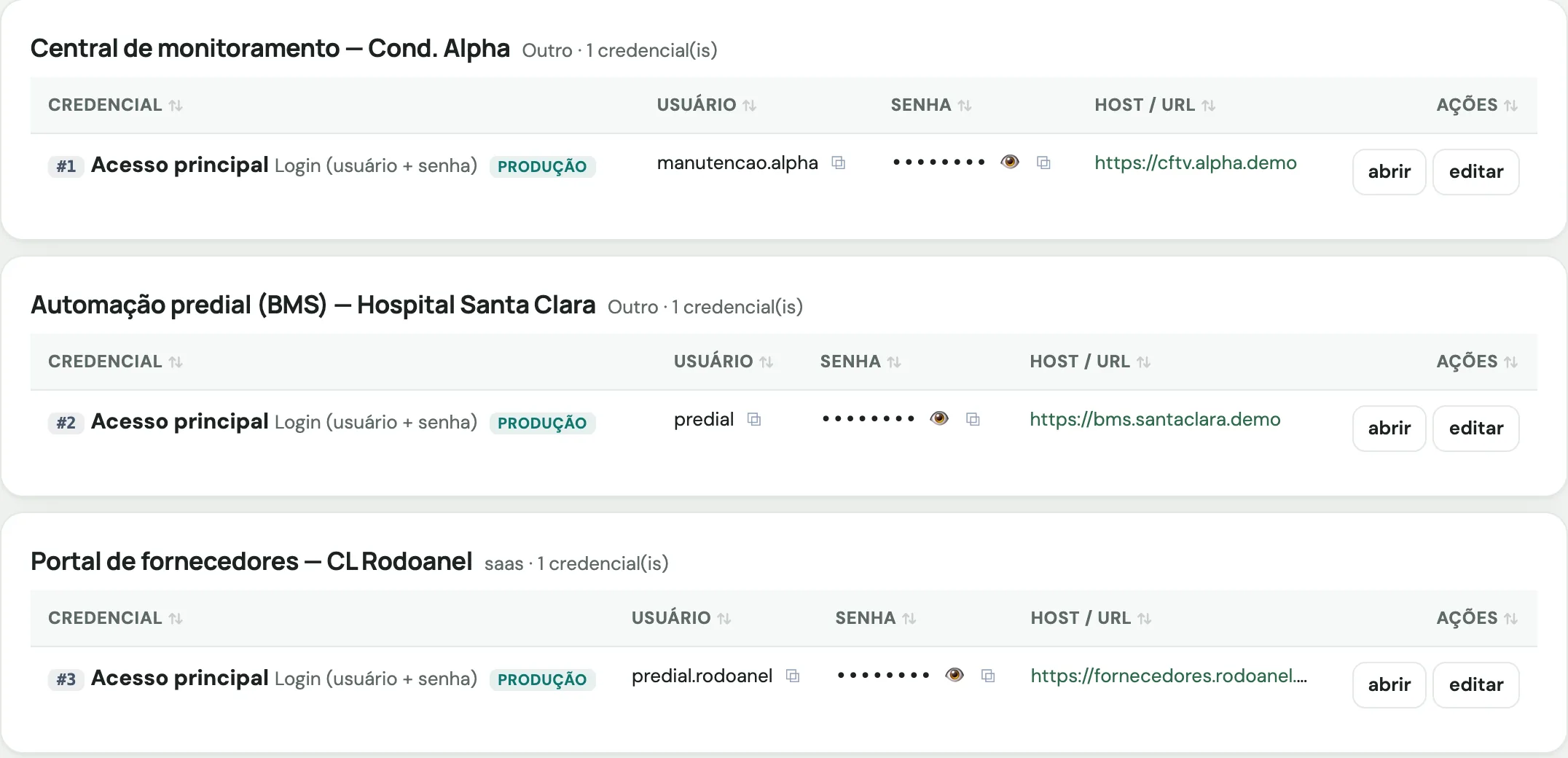 Cofre de credenciais com os sistemas dos clientes: central de monitoramento do condomínio, automação predial do hospital e portal de fornecedores