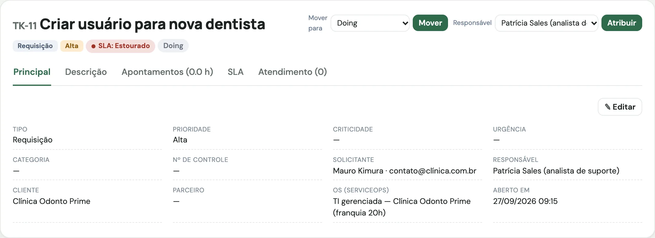 Chamado aberto com SLA, responsável, OS do contrato e horas apontadas