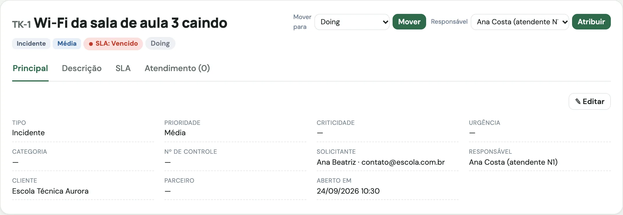 Chamado aberto com SLA, responsável, solicitante e histórico
