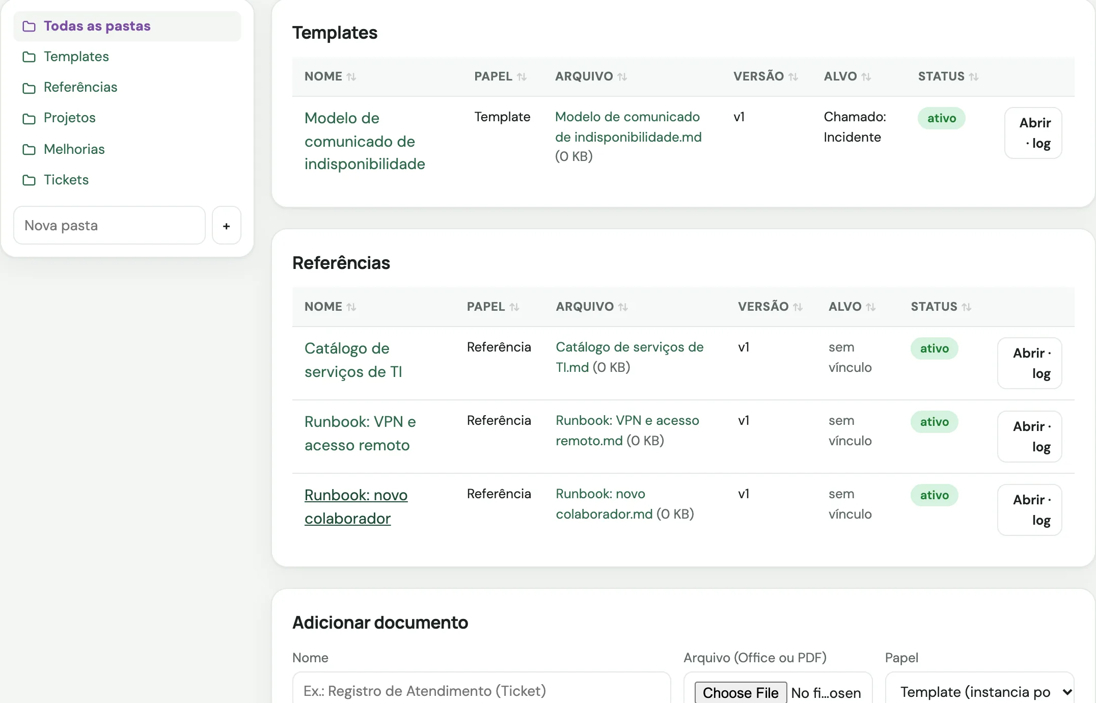 Biblioteca com catálogo de serviços de TI, runbooks e modelo de comunicado
